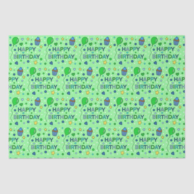 Papel De Seda Feliz cumpleaños de un niño verde azul y limón (Anverso)