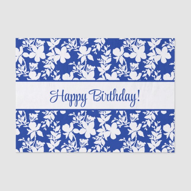 Papel De Seda Feliz cumpleaños Floral blanca en azul (Anverso)