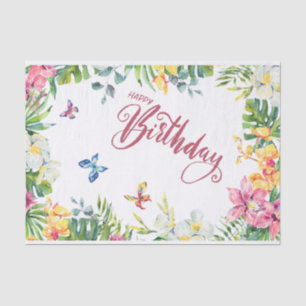 Papel De Seda Feliz cumpleaños, hojas tropicales, flores, maripo