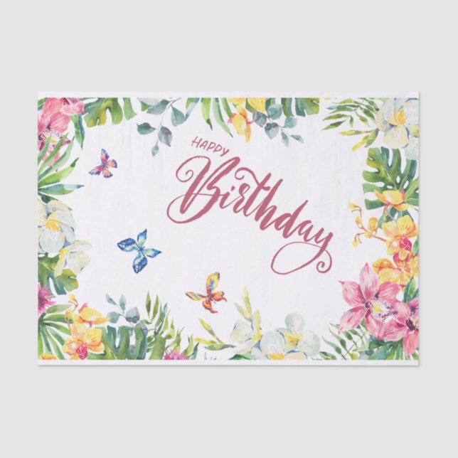Papel De Seda Feliz cumpleaños, hojas tropicales, flores, maripo (Anverso)
