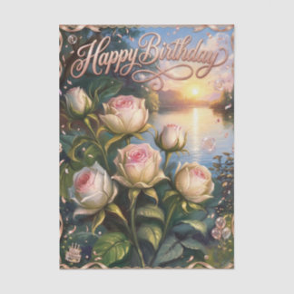 Papel De Seda Feliz Cumpleaños Lago al Atardecer con Rosas