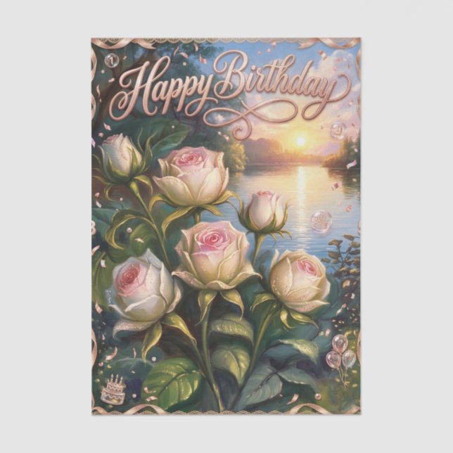 Papel De Seda Feliz Cumpleaños Lago al Atardecer con Rosas (Anverso)