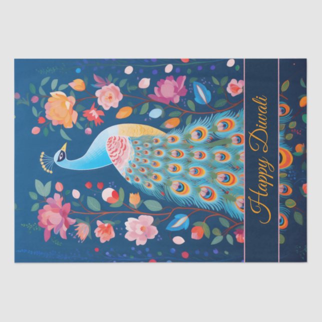 Papel De Seda Feliz Diwali Peacock y Flores (Anverso)
