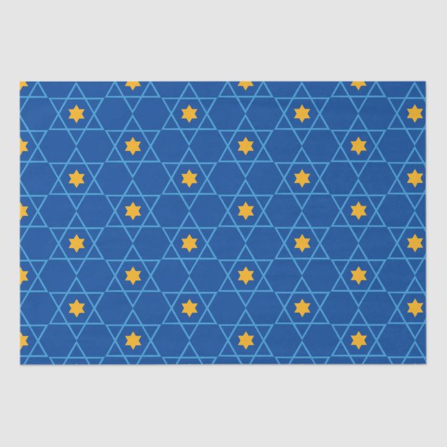 Papel De Seda Feliz Estrella judía de Hanukkah, azul patrón de D (Anverso)