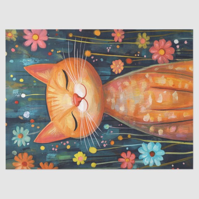 Papel De Seda Feliz Naranja Cat Whimsical Flores Desnudos (Anverso)