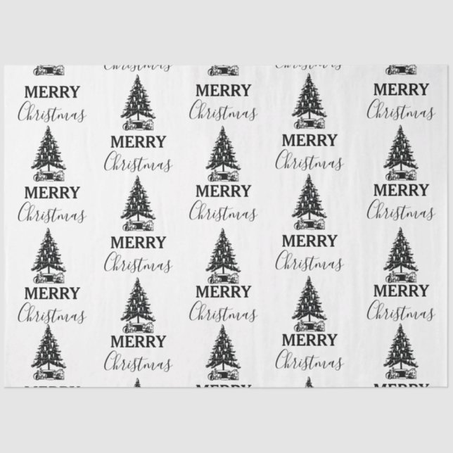 Papel De Seda Feliz Navidad Árbol de Navidad Blanco y Negro (Anverso)