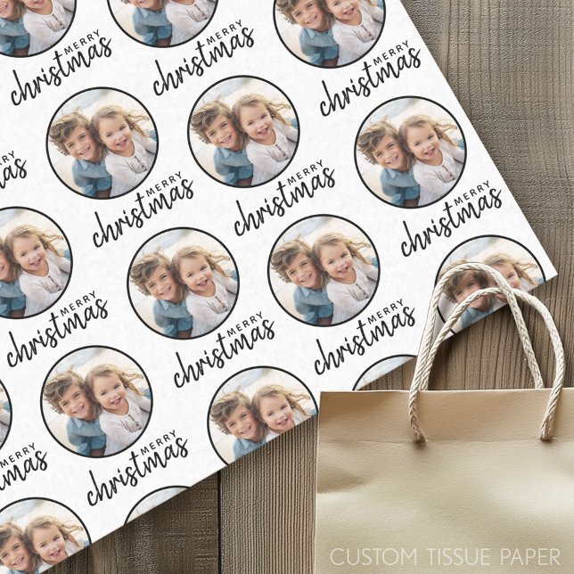 Papel De Seda Feliz Navidad con foto de un solo círculo - blanco (Custom Tissue Paper)