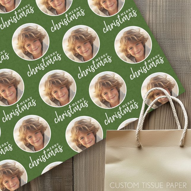 Papel De Seda Feliz Navidad con foto de un solo círculo - verde  (Custom Tissue Paper)
