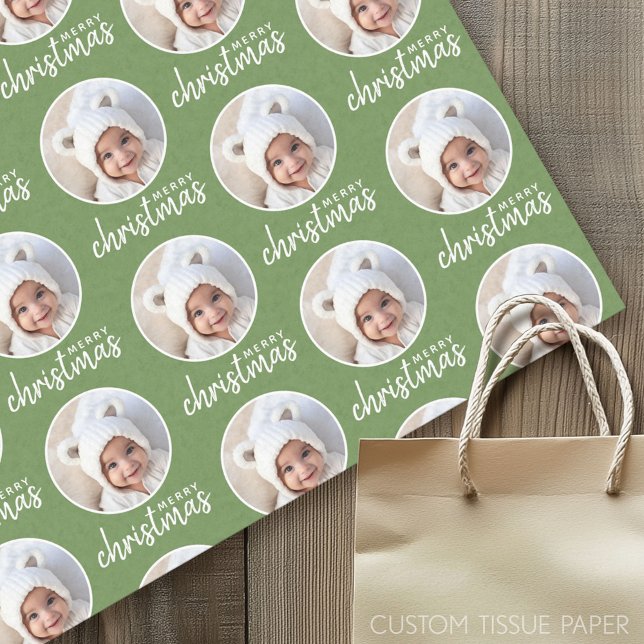 Papel De Seda Feliz Navidad con foto de un solo círculo - verde (Custom Tissue Paper)