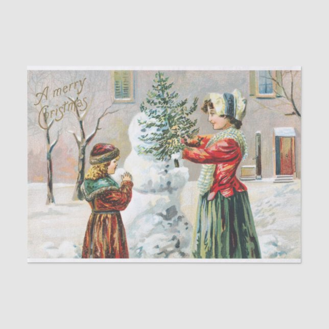 Papel De Seda Feliz Navidad, familia victoriana y hombre de niev (Anverso)