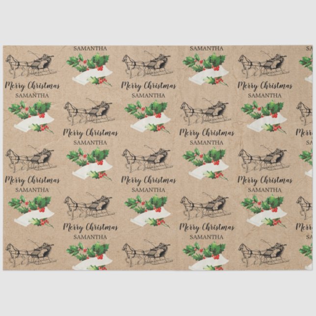 Papel De Seda Feliz Navidad Holly Berries Winter Kraft Brown (Anverso)