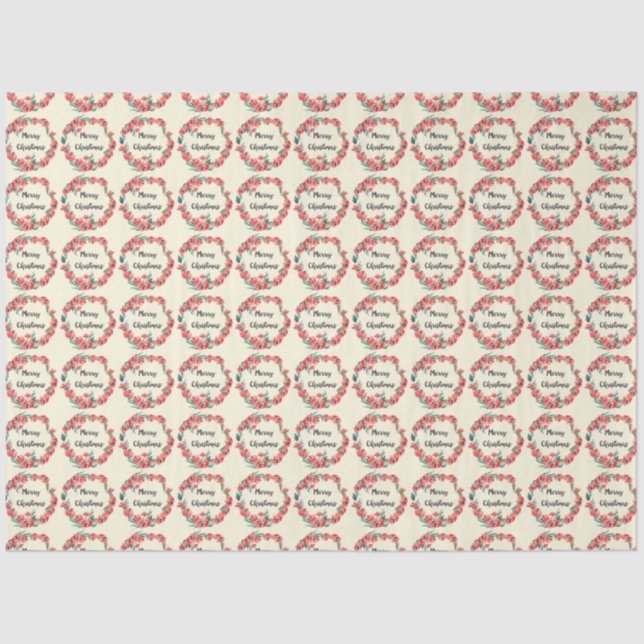 Papel De Seda Feliz Navidad Rojo Floral Agua Wreath (Anverso)