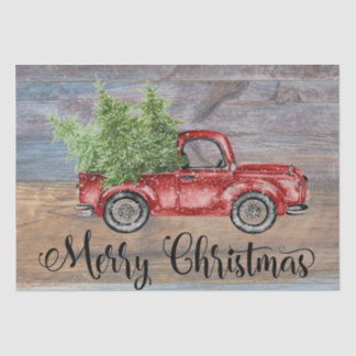 Papel De Seda Feliz Navidad Rustic Wood Y Camión Rojo Cuto