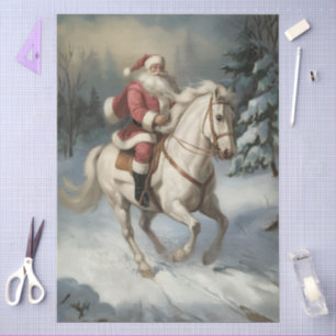 Papel De Seda Feliz Navidad Santa Cabalgando Caballo Blanco Neva