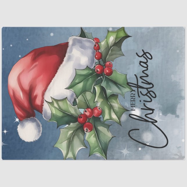 Papel De Seda Feliz Navidad Santa Hat y Navidades Holly (Anverso)