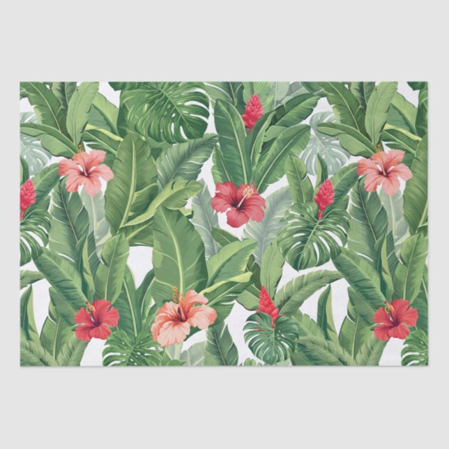 Papel De Seda Feliz Navidad Tropical Flor Hoja Verde Rojo (Anverso)