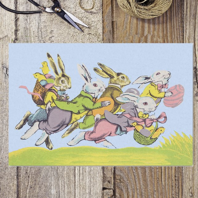 Papel De Seda Feliz Pascua Corriendo Conejos Pastel (group running Easter bunnies pastel clothing eggs baskets on Easter tissue wrap paper.)