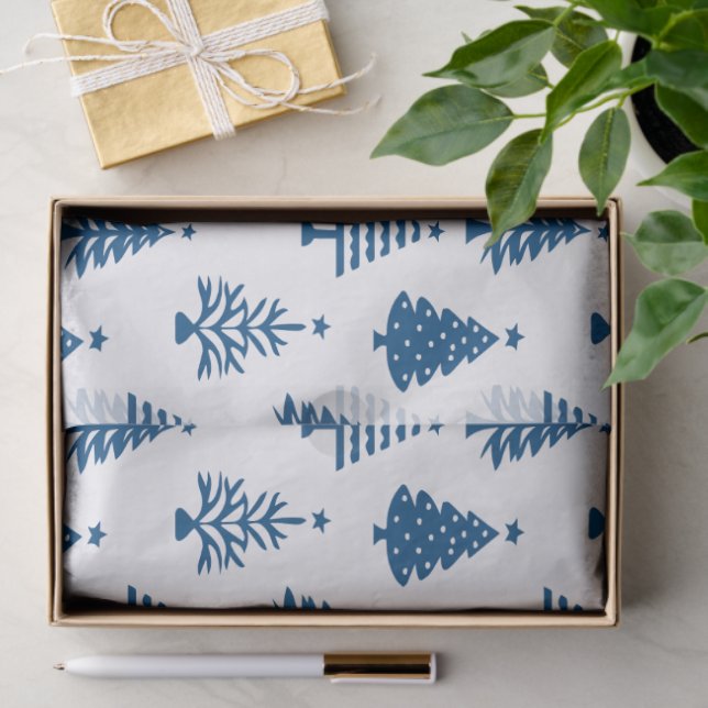 Papel De Seda Festive Blue and White Christmas Tree Pattern (Regalo )