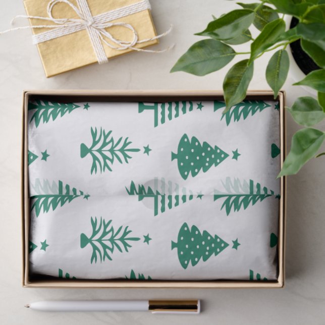 Papel De Seda Festive Green and White Christmas Tree Pattern (Regalo )