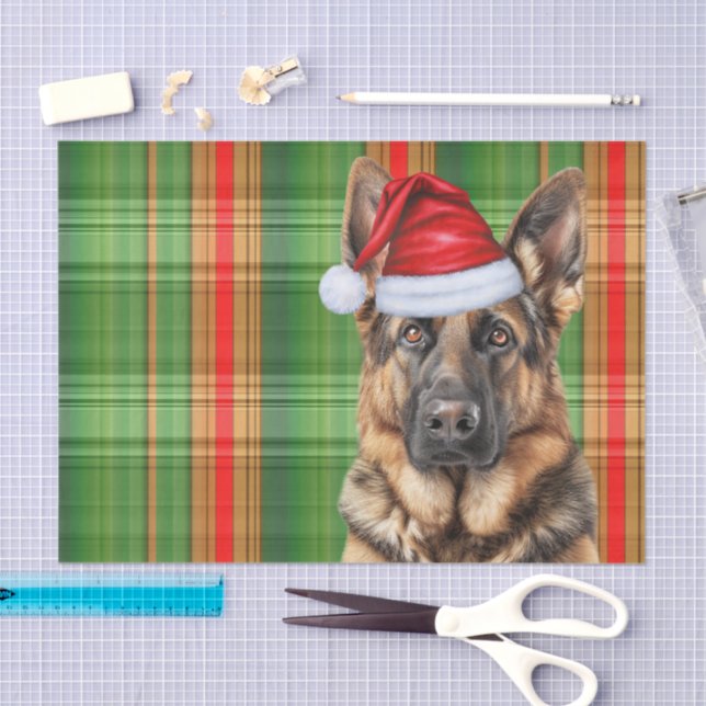 Papel De Seda Festive Green Plaid German Shepherd Dog Christmas (Artesanía)