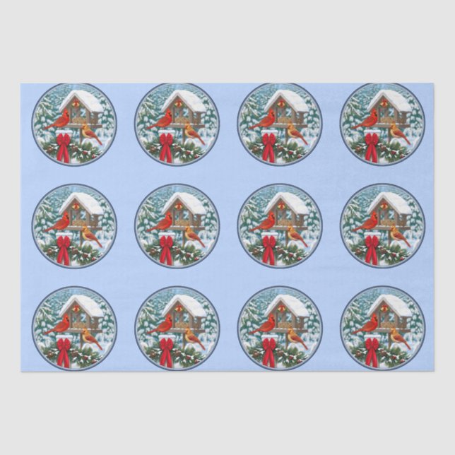 Papel De Seda Fiesta de Navidad de Cardenales Azul (Anverso)
