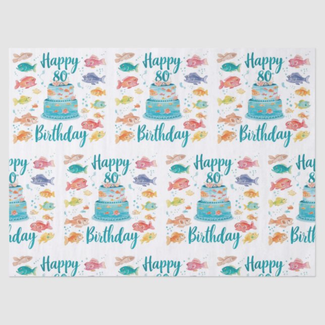 Papel De Seda Fishing Lover 80th Birthday Watercolor  (Anverso)