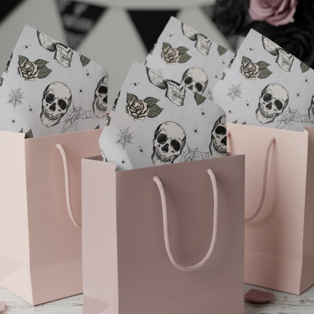Papel De Seda Flamante floral gris claro pequeño Halloween de cr (Gray Gothic Halloween Vintage Floral Skull Tissue Paper. Flowers & Skull Skeleton Pattern For Her)