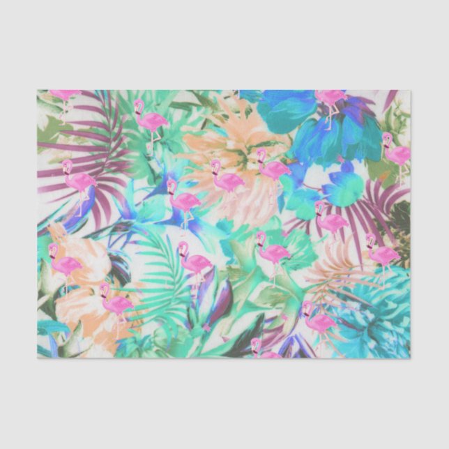 Papel De Seda Flamenco floral rosado verde azulado tropical de (Anverso)