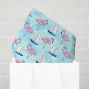 Papel De Seda Flamenco Rosa y Velero Azul Costero Preppy