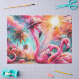 Papel De Seda Flamencos rosados tropicales Palm Trees Sun Decoup