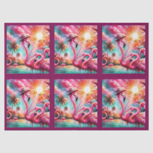 Papel De Seda Flamencos Rosados Tropicales Palmeras Sol Decoupag