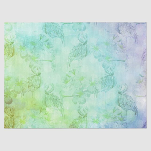 Papel De Seda Flamencos verdes azules e hibiscus (Anverso)