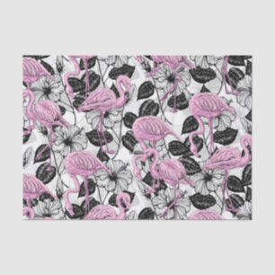 Papel De Seda Flamencos y flores de hibisco