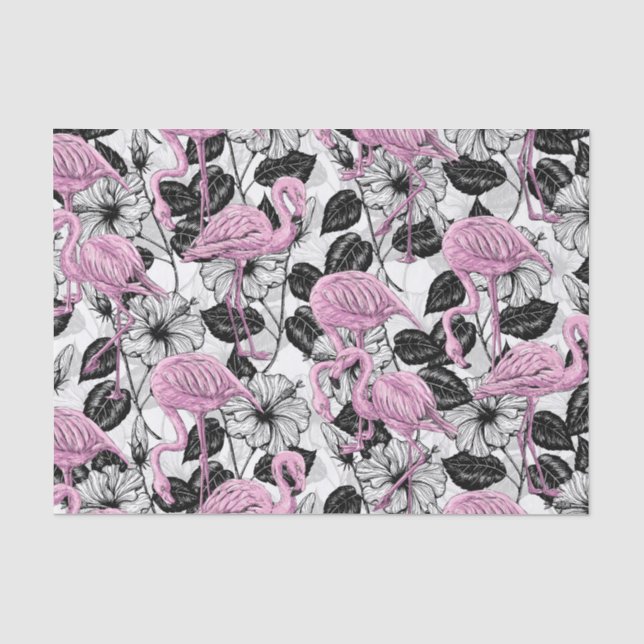 Papel De Seda Flamencos y flores de hibisco (Anverso)