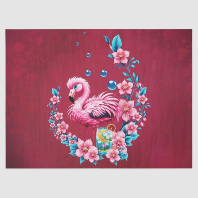Papel De Seda Flamingo elegante con flores tropicales. (Anverso)