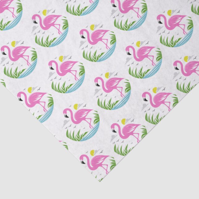Papel De Seda Flamingo rosa tropical en agua, sol, nubes (Detalle)
