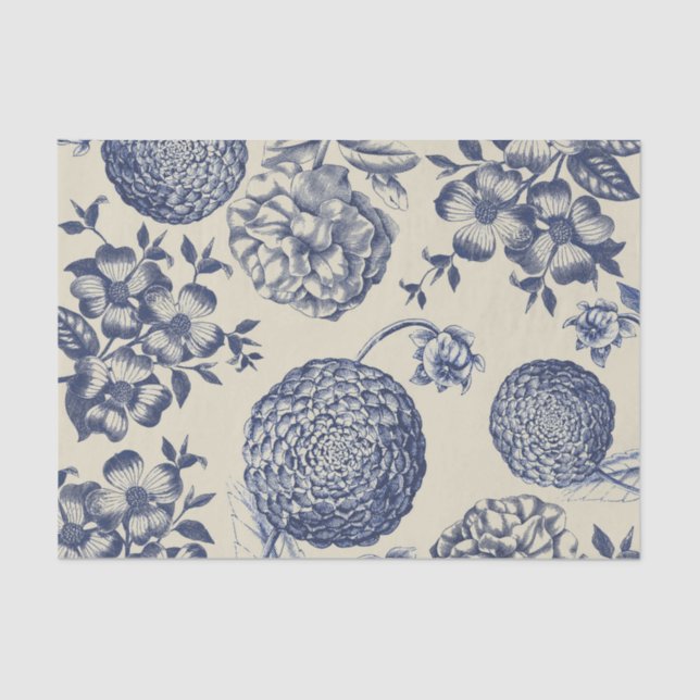 Papel De Seda Flor azul anticuada impresa floral (Anverso)