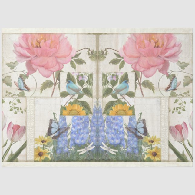 Papel De Seda Flor Collage Blue Pink Butterfly Bird Decoración (Anverso)