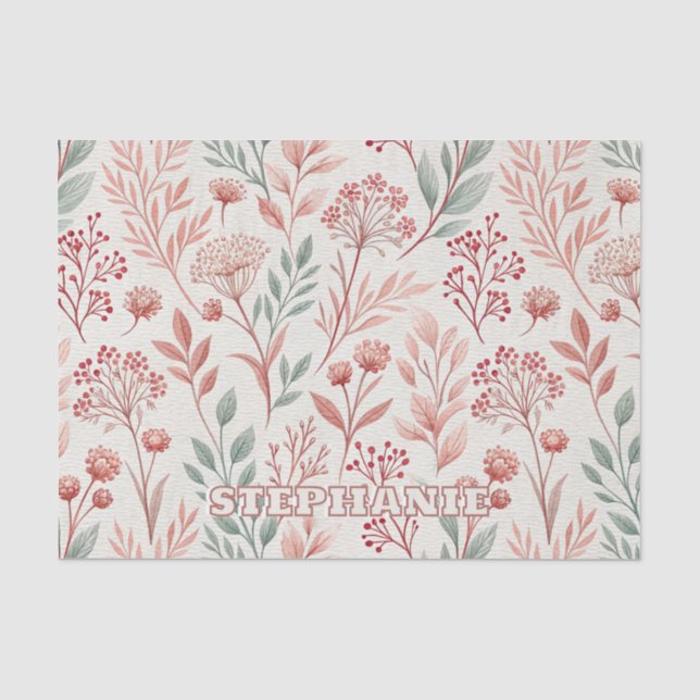 Papel De Seda Flor de cerezo rosa, patrón de flores y hojas (Anverso)