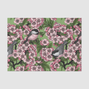 Papel De Seda Flor de cerezo y pollos en verde