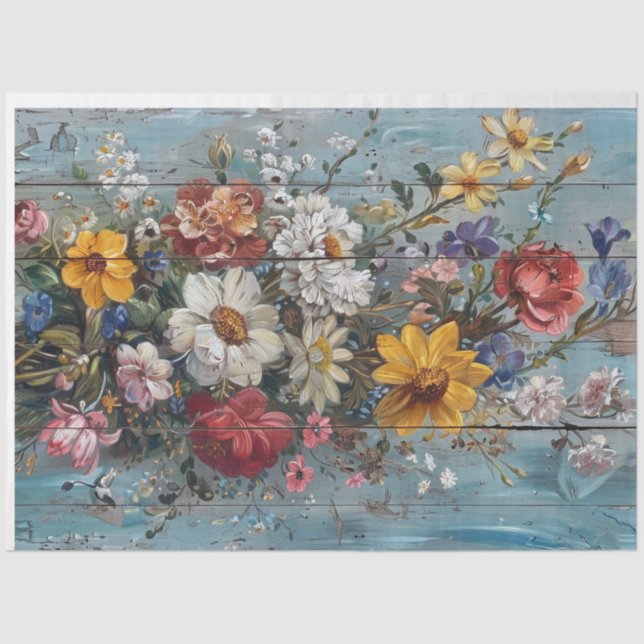 Papel De Seda Flor de época en fondo azul gastado (Anverso)