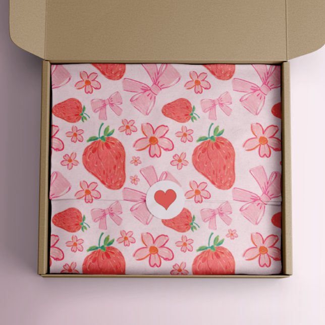 Papel De Seda Flor de fresa rosa pastel (strawberry bow ribbon floral valentine tissue gift wrap)