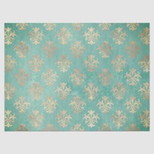 Papel De Seda Flor de lis dorada y verde teal con pátina vintage