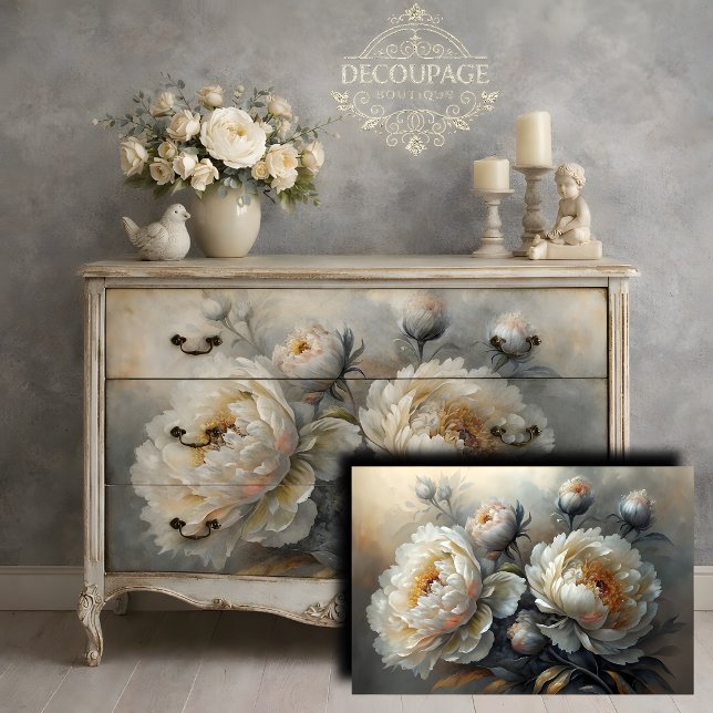 Papel De Seda Flor de Peonía Blanca Decoupage (White Peony Bloom Decoupage Tissue Paper)