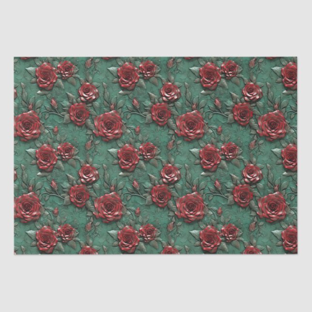 Papel De Seda Flor de rosas rojas verdes (Anverso)