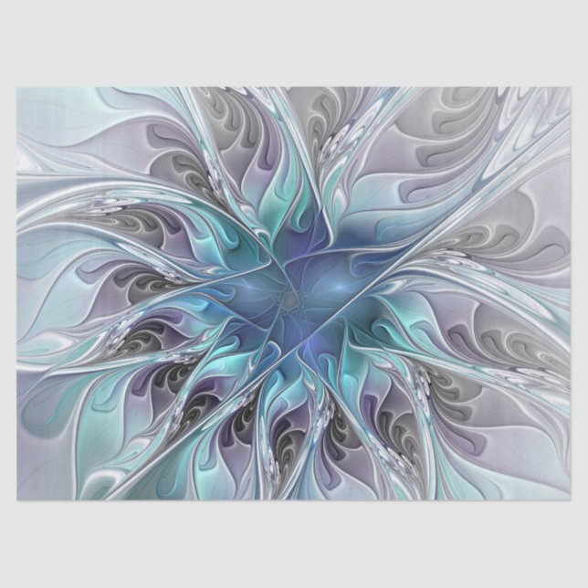 Papel De Seda Flor Fractal Moderna Con Azul (Anverso)