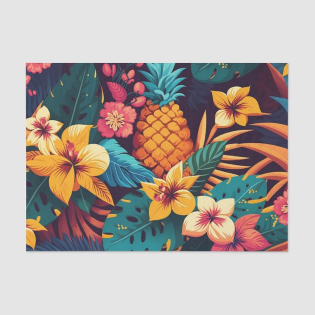 Papel De Seda Flor hawaiana patrón de piña floral tropical (Anverso)