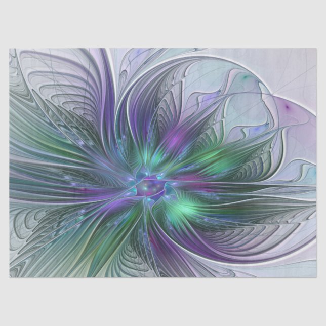 Papel De Seda Flor moderna abstracta fractal verde morado (Anverso)