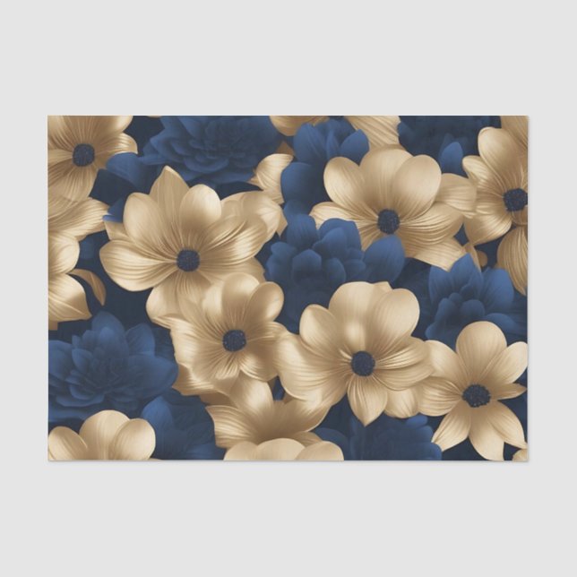 Papel De Seda Flora Azul Y Dorada Elegante (Anverso)
