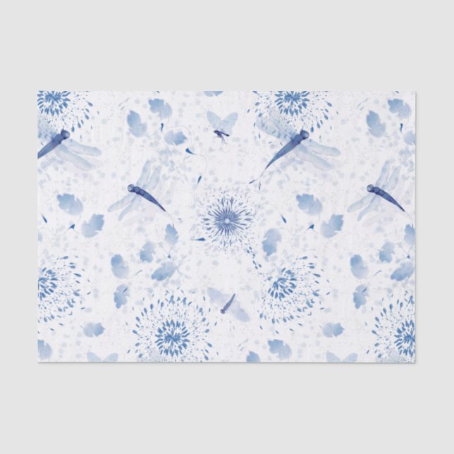 Papel De Seda Flora de la libélula Chinoiserie azul (Anverso)